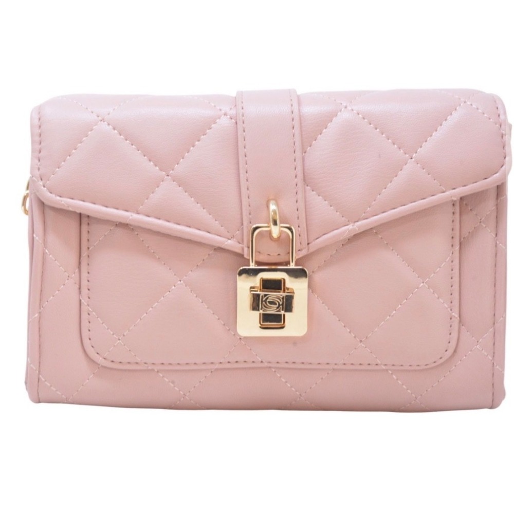 Bebe Quilted Crossbody Bag Pink Gold‎ Padlock Hardware Diamond Stitch Handbag